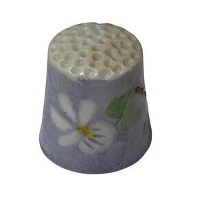 Handcrafted Porcelain Thimble With Floral Design Purple & White Glaze Collectibl